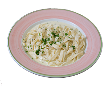Plate of fettucini topped with an alfredo sauce, and sprinkled with parsley flakes