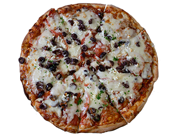 image of Station Pizza's Mediterranean Pizza with homemade tomato sauce, cheese, sliced tomatoes, onions, black olives, and feta cheese.