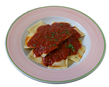 plate of ravioli topped with tomato sauce and sprinkled with parsley flakes