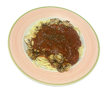 plage of spaghetti with homemade tomato sauce and fried mushrooms
