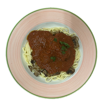 plate of spaghetti with homemade tomato sauce, meatballs, and fried mushrooms sprinkled with parsley flakes