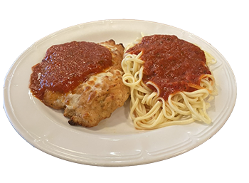 plate of spaghetti topped with homemade tomato sauce on half of the plate, the other half is a breaded chicken cutlet topped with cheese and homemade tomato sauce.